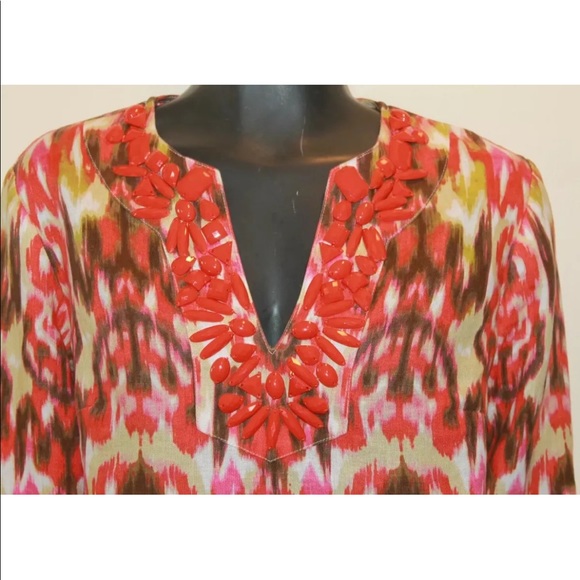 Jones New York Ladies Long Summer Sleeve Blouse Tie Dye Print with Red Beading - Picture 2 of 8